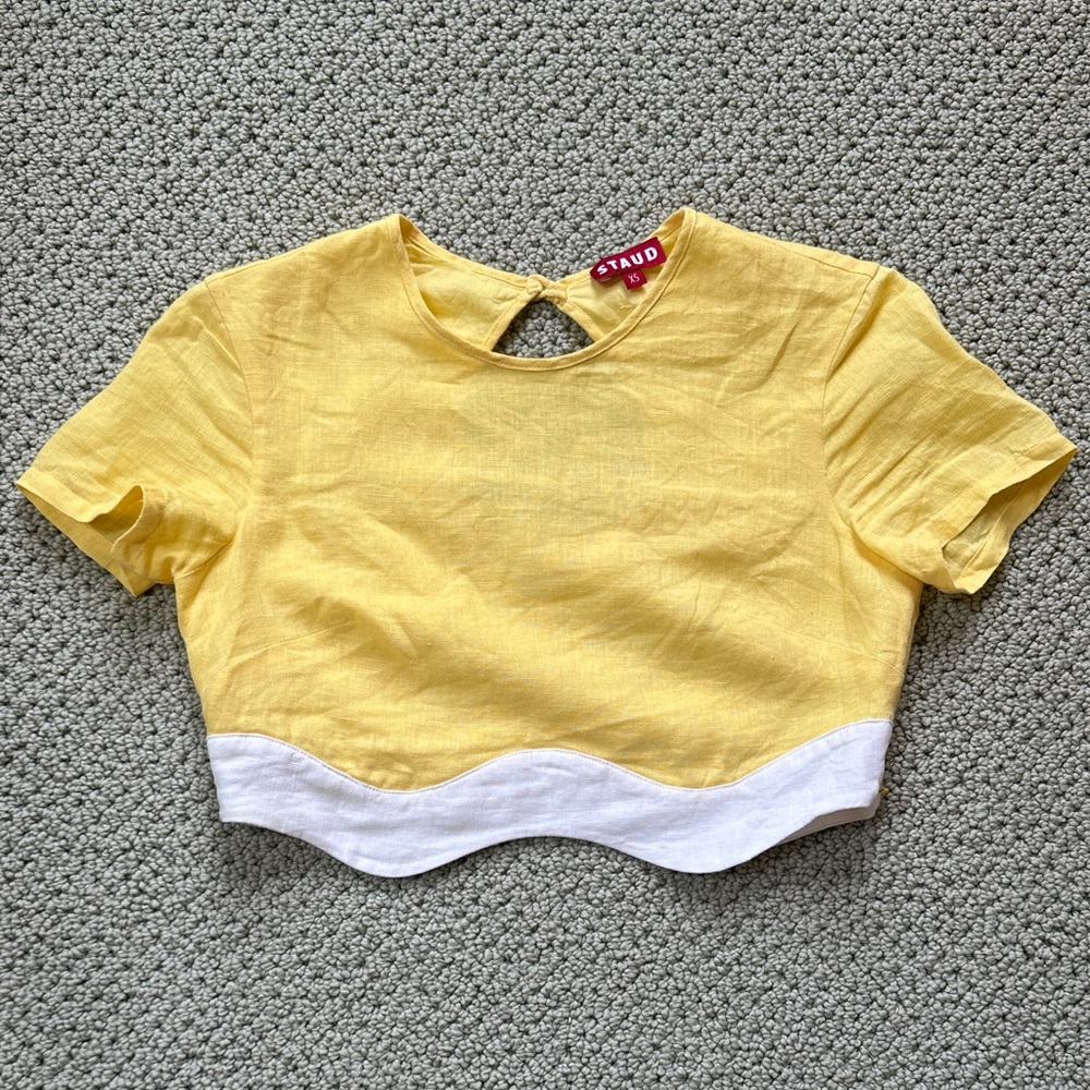 STAUD linen yellow wavy hem crop top XS